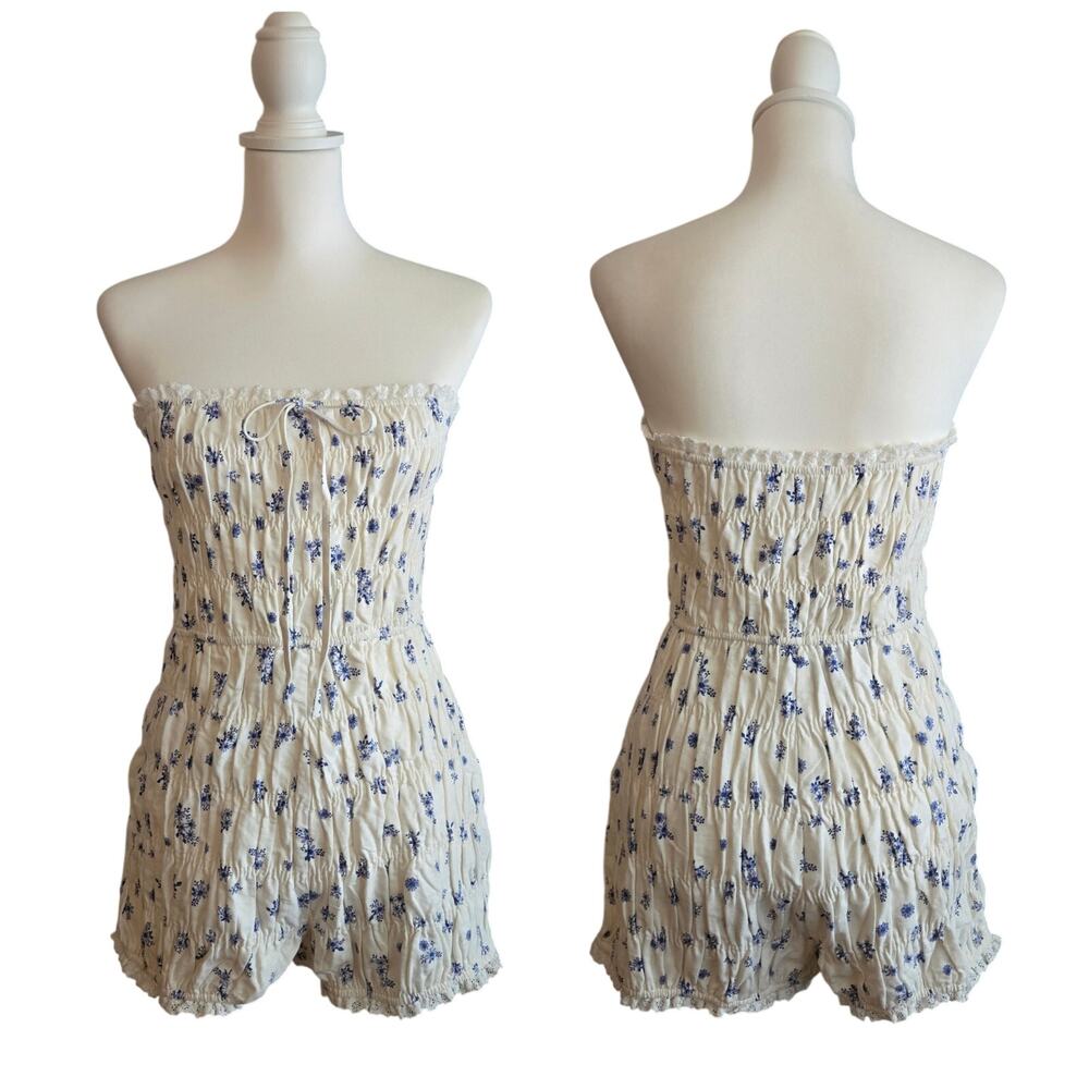 Cottagecore Floral Linen Blend Bloomer Romper Medium Ivory Fairycore Le Lis NWT